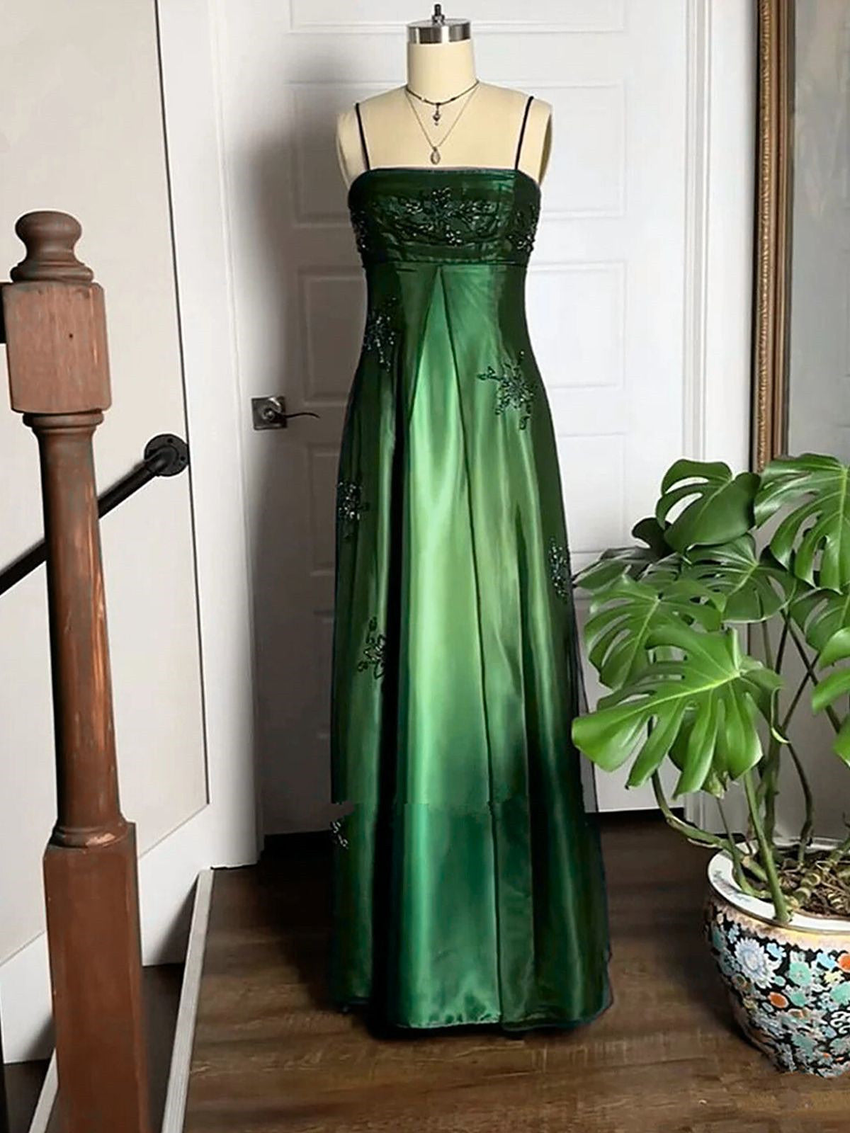 Dark Green Straps A-Line Tulle Formal Prom Dresses, Green Satin Beaded Lace Party Dresses