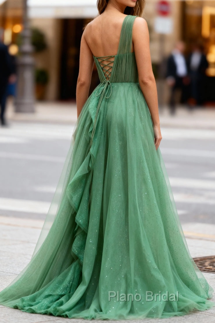 Dark Green Tulle A-Line One-Shoulder Long Formal Prom Dresses