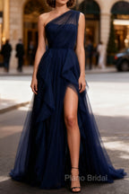 Dark Green Tulle A-Line One-Shoulder Long Formal Prom Dresses