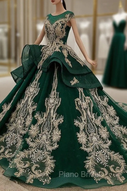 Dark Green Tulle Appliques Beading Cap Sleeve Backless Wedding Dresses Main image