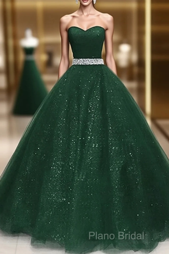 Dark Green Tulle Beaded Long Party Dresses, Green Ball Gown Formal Gown Main image