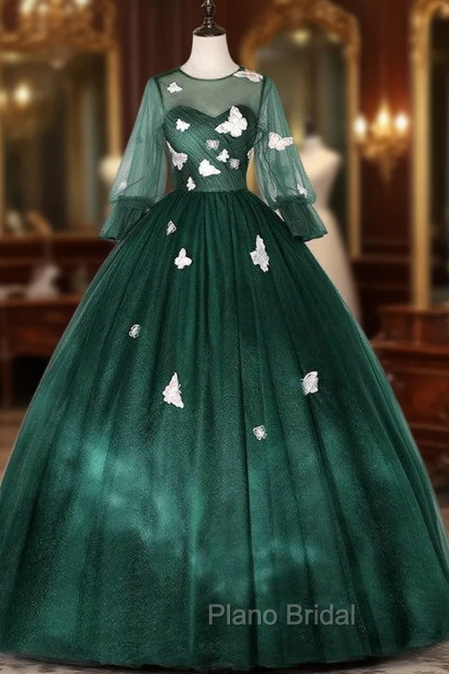 Dark Green Tulle Butterfly Appliques Bell Sleeve Quinceanera Dresses Main image