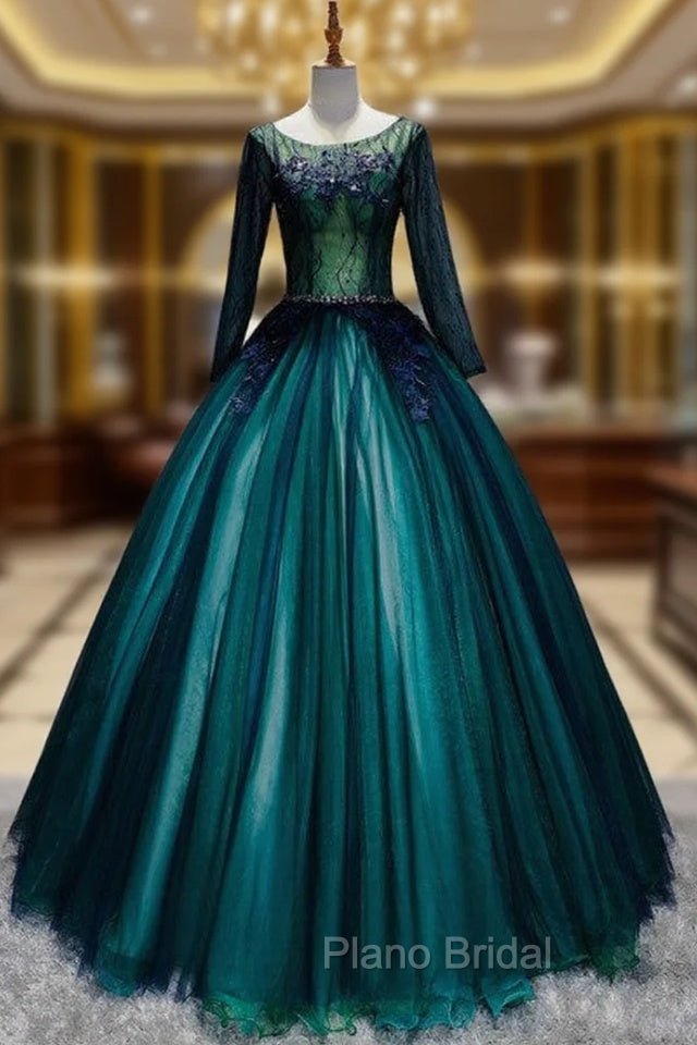 Dark Green Tulle Long Sleeve Appliques Quinceanera Dresses