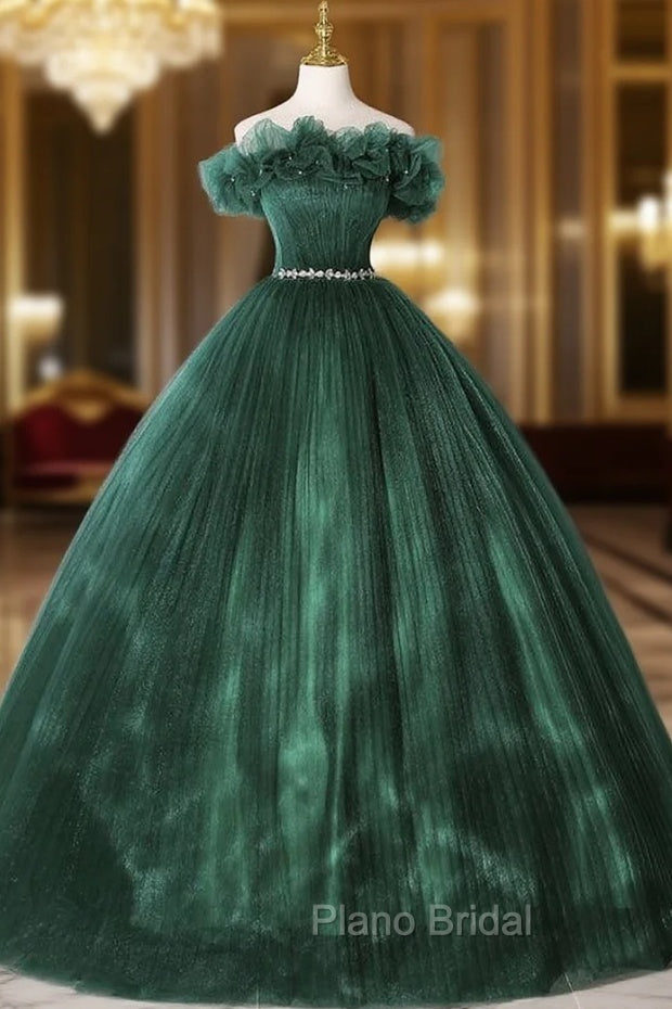 Dark Green Tulle Pleats Crystal Quinceanera Dresses Main image
