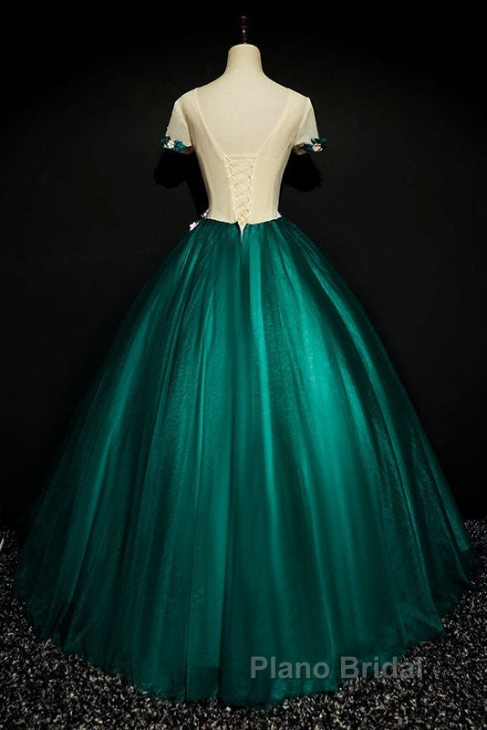 Dark Green Tulle Round Neckline Ball Gown Formal Dresses, Quinceanera Dresses