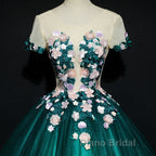 Dark Green Tulle Round Neckline Ball Gown Formal Dresses, Quinceanera Dresses