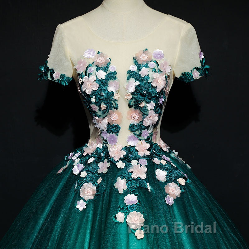Dark Green Tulle Round Neckline Ball Gown Formal Dresses, Quinceanera Dresses
