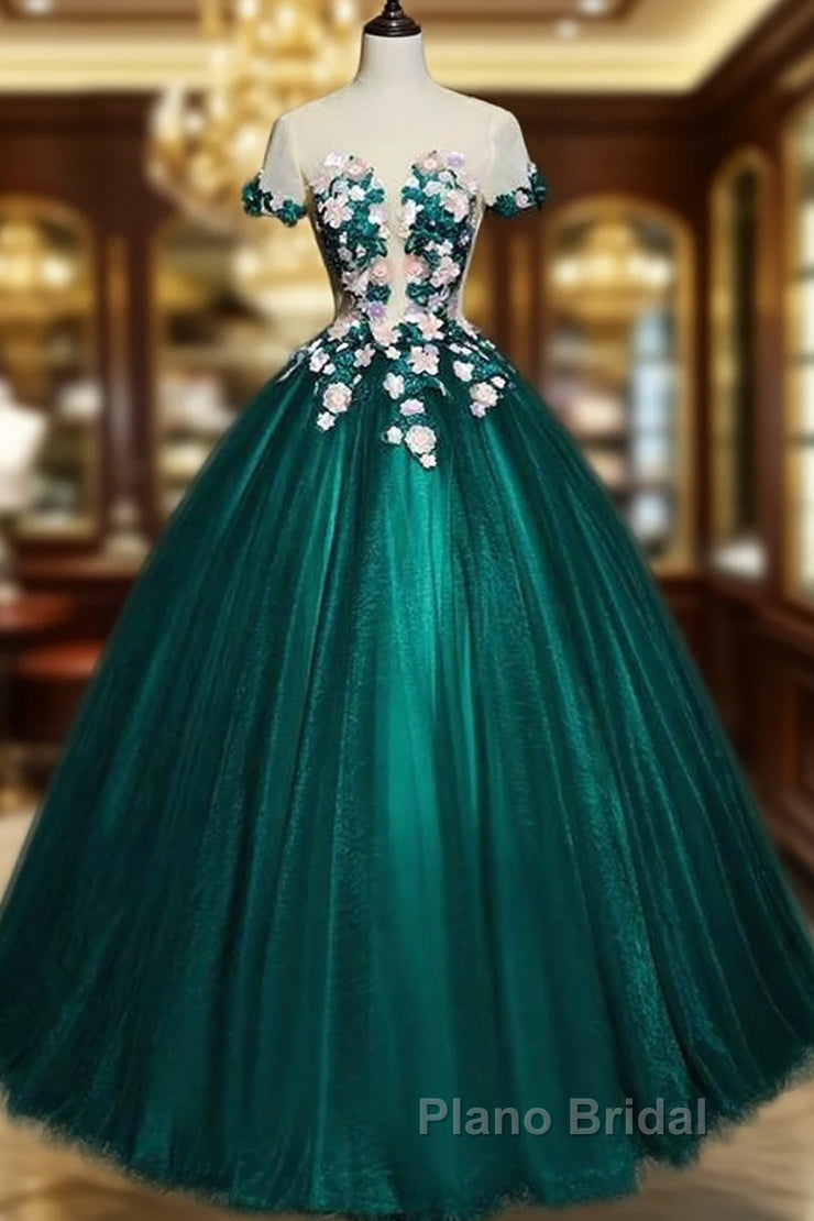 Dark Green Tulle Round Neckline Ball Gown Formal Dresses, Quinceanera Dresses