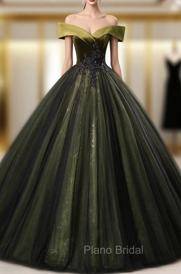 Dark Green Tulle Sequins Off the Shoulder Appliques Quinceanera Dresses Main image