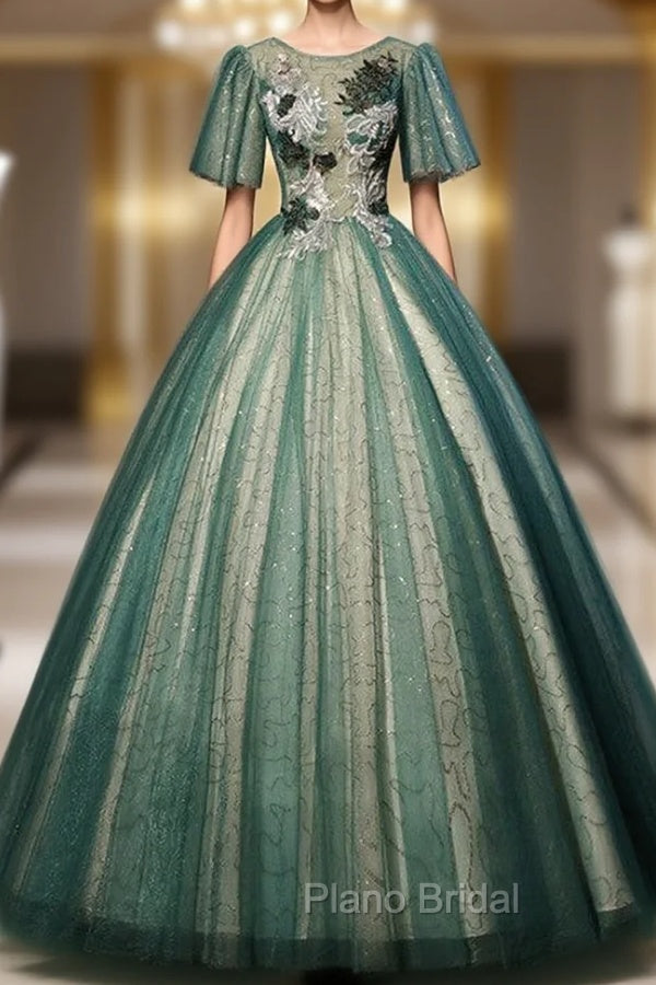 Dark Green Tulle Short Sleeve Appliques Quinceanera Dresses Main image
