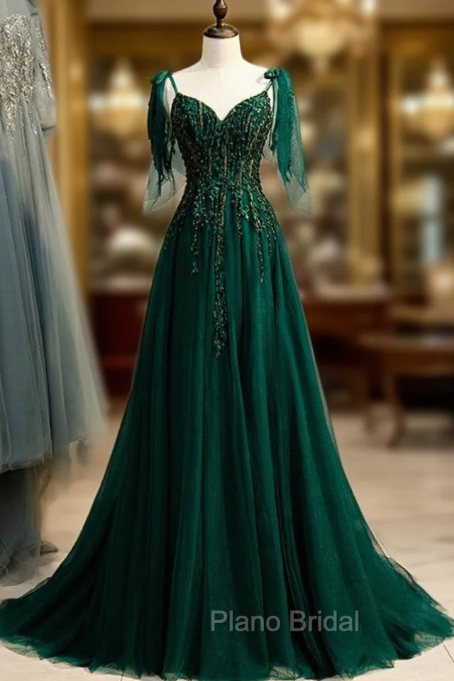 Dark Green Tulle Spaghetti Straps Beading Formal Prom Dresses