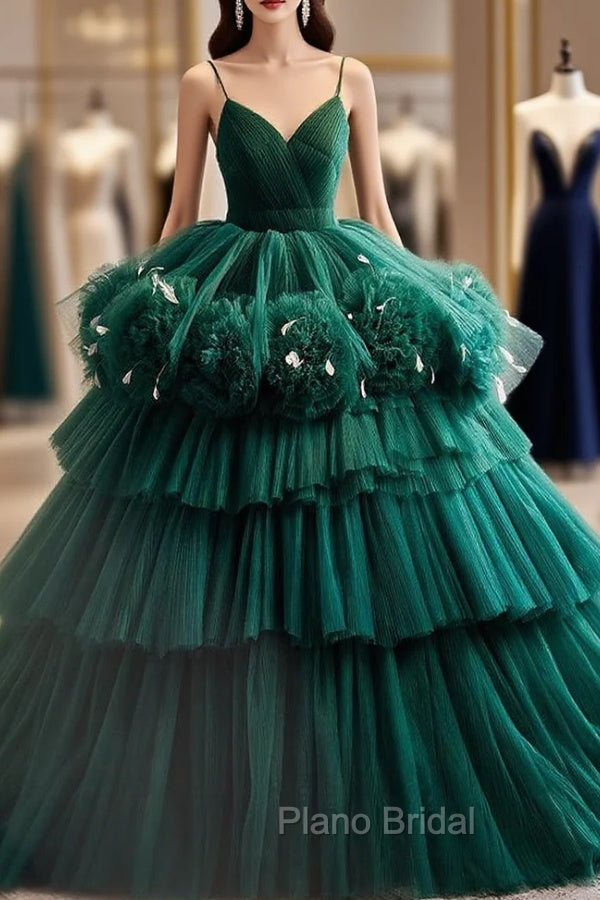 Dark Green Tulle Spaghetti Straps Tiers Quinceanera Dresses Main image