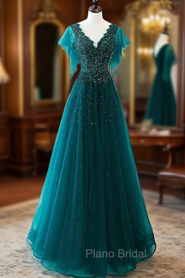 Dark Green Tulle V-neck Beading Formal Prom Dresses Main image