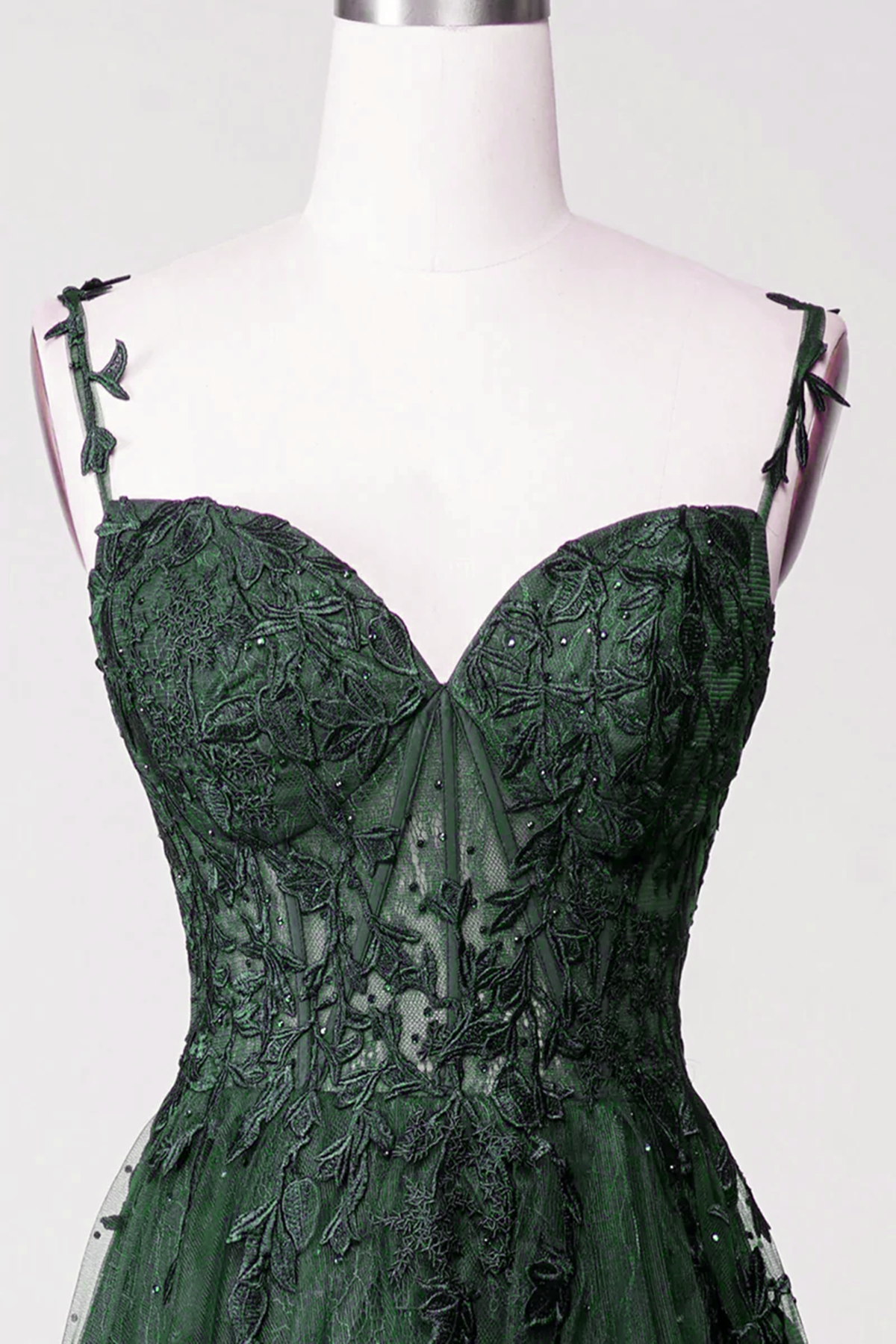 Dark Green Tulle With Lace Beaded Straps Formal Prom Dresses, Green Long Formal Dresses Party Dresses Secondary image