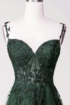 Dark Green Tulle With Lace Beaded Straps Formal Prom Dresses, Green Long Formal Dresses Party Dresses