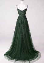 Dark Green Tulle With Lace Beaded Straps Formal Prom Dresses, Green Long Formal Dresses Party Dresses