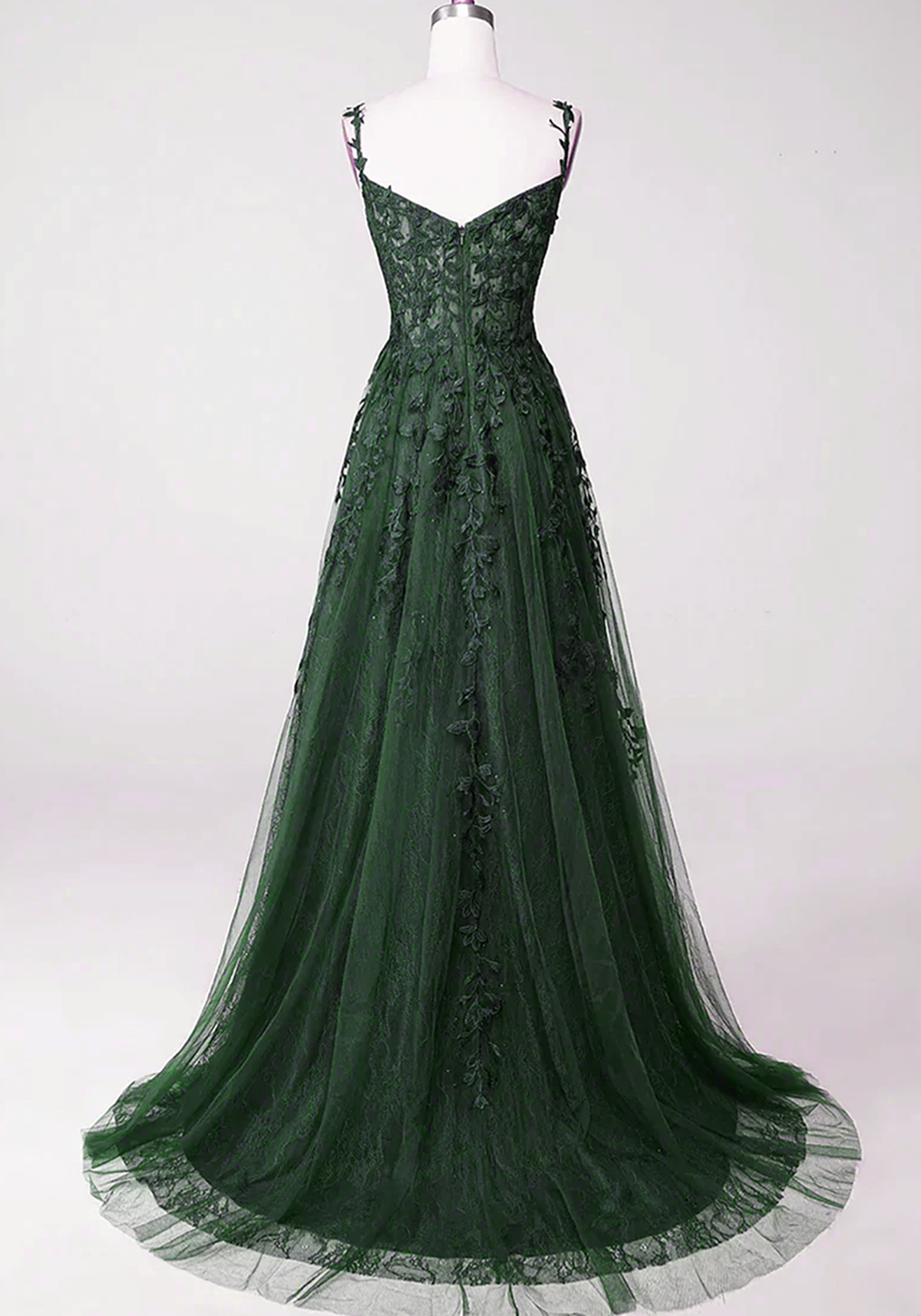 Dark Green Tulle With Lace Beaded Straps Formal Prom Dresses, Green Long Formal Dresses Party Dresses