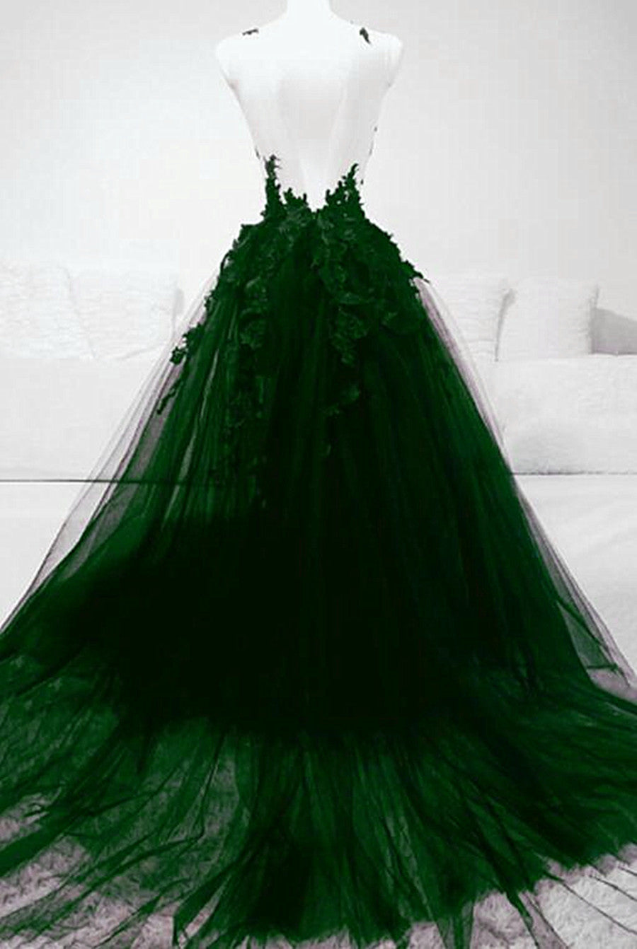 Dark Green Tulle With Lace Deep Neckline Backless Formal Prom Dresses, Dark Green Party Dresses Secondary image