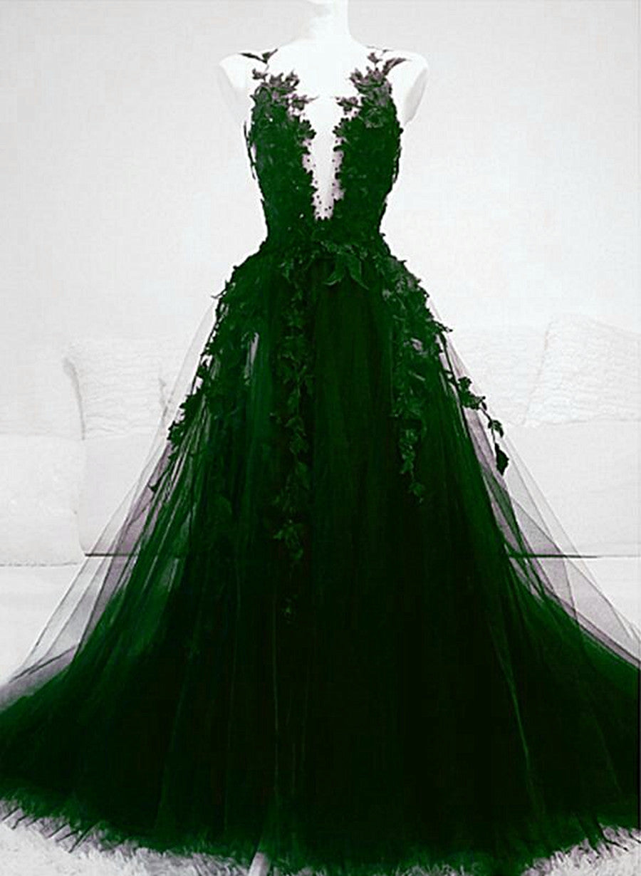 Dark Green Tulle With Lace Deep Neckline Backless Formal Prom Dresses, Dark Green Party Dresses