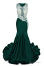 Dark Green V-Neck Sheer Corset Prom Dresses Beaded Mermaid Long Train Evening Gowns