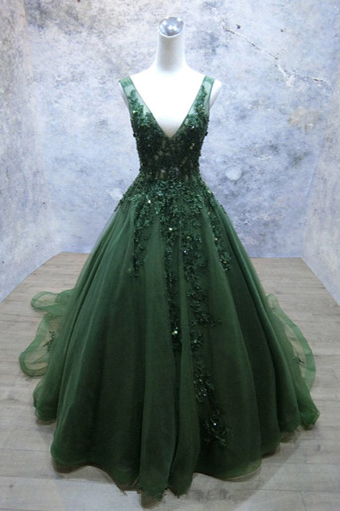 Dark Green V-Neckline Lace Applique Low Back Formal Dresses, Green Tulle Formal Prom Dresses Secondary image