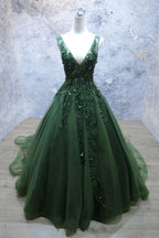 Dark Green V-Neckline Lace Applique Low Back Formal Dresses, Green Tulle Formal Prom Dresses