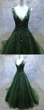 Dark Green V-Neckline Lace Applique Low Back Formal Dresses, Green Tulle Formal Prom Dresses