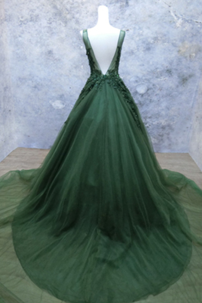 Dark Green V-Neckline Lace Applique Low Back Formal Dresses, Green Tulle Formal Prom Dresses