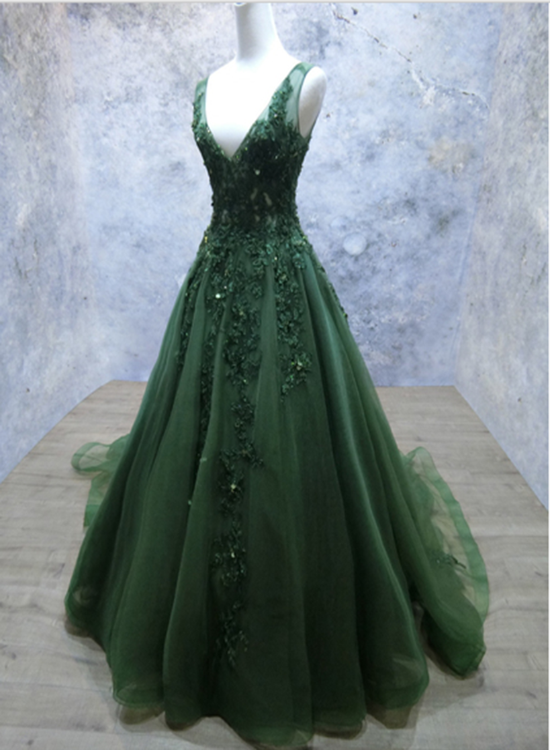 Dark Green V-Neckline Lace Applique Low Back Formal Dresses, Green Tulle Formal Prom Dresses