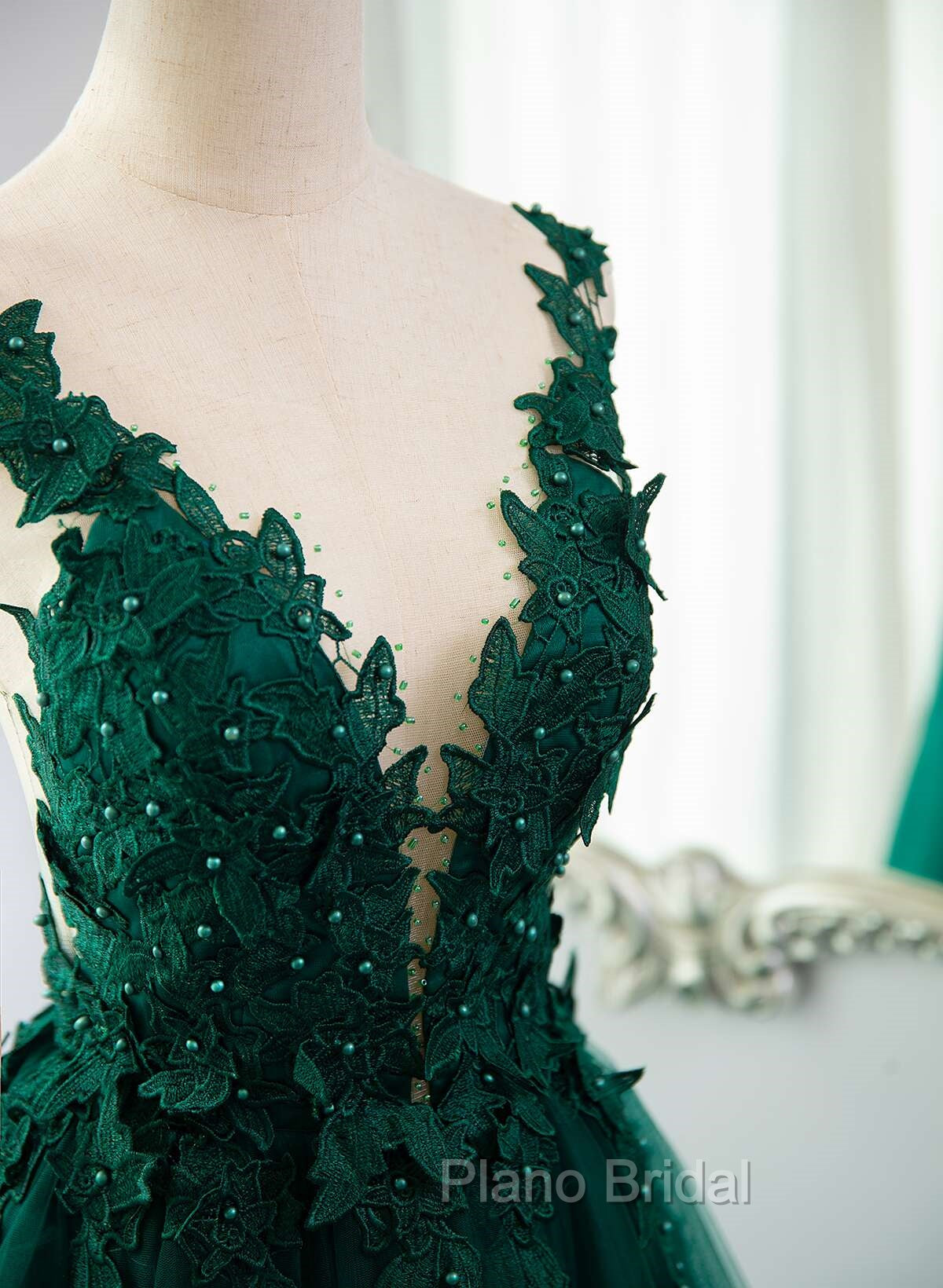 Dark Green V-neckline Lace Long Beaded Formal Prom Dresses, Dark Green Party Dresses Secondary image
