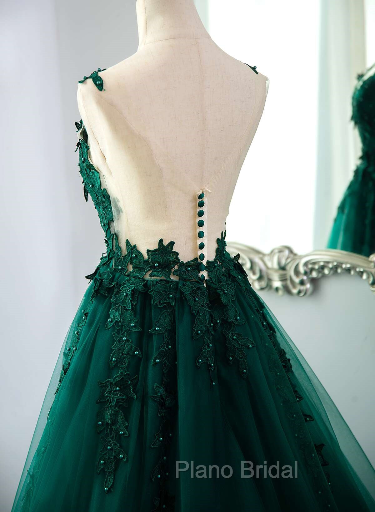 Dark Green V-neckline Lace Long Beaded Formal Prom Dresses, Dark Green Party Dresses