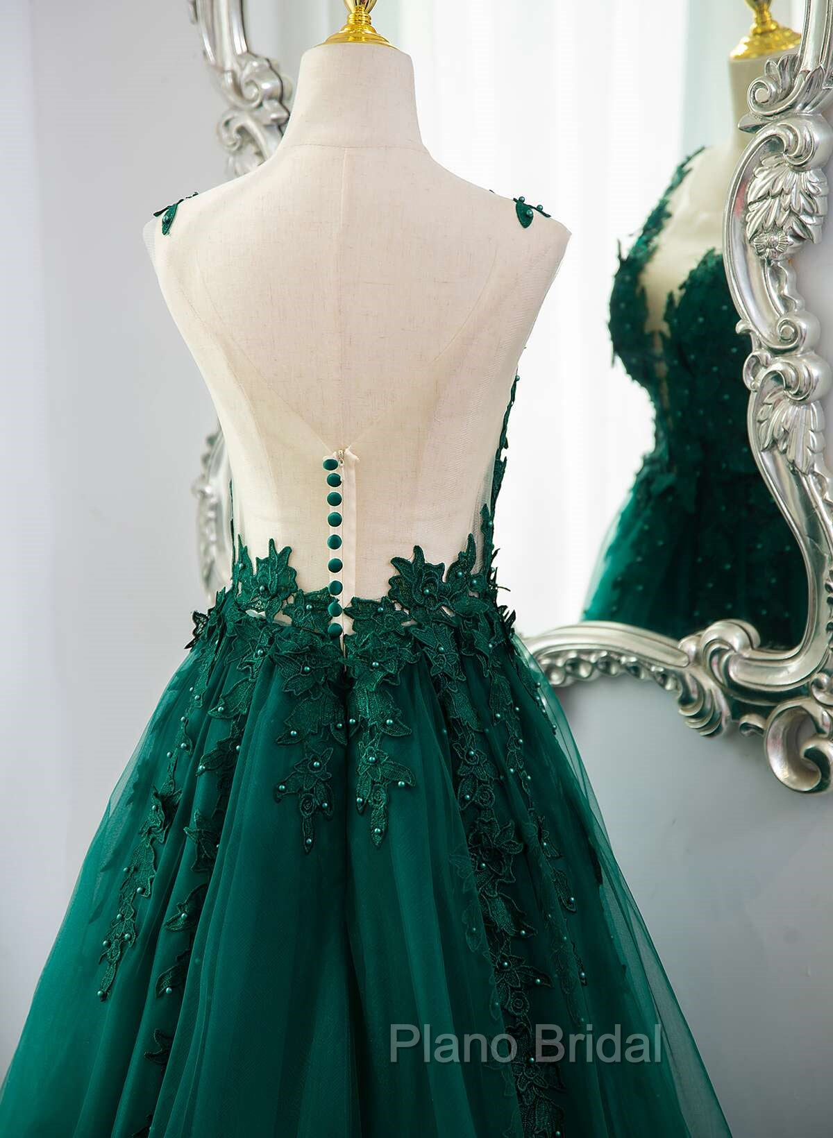 Dark Green V-neckline Lace Long Beaded Formal Prom Dresses, Dark Green Party Dresses