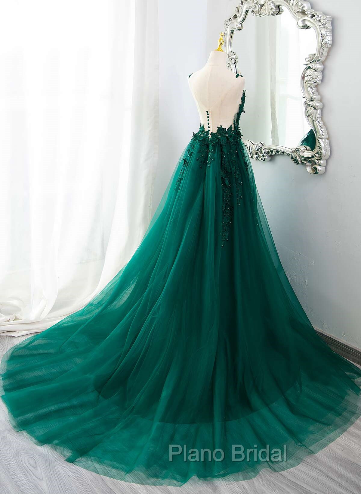 Dark Green V-neckline Lace Long Beaded Formal Prom Dresses, Dark Green Party Dresses