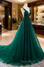 Dark Green V-neckline Lace Long Beaded Formal Prom Dresses, Dark Green Party Dresses