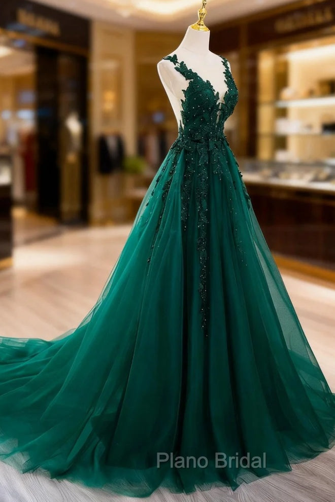 Dark Green V-neckline Lace Long Beaded Formal Prom Dresses, Dark Green Party Dresses