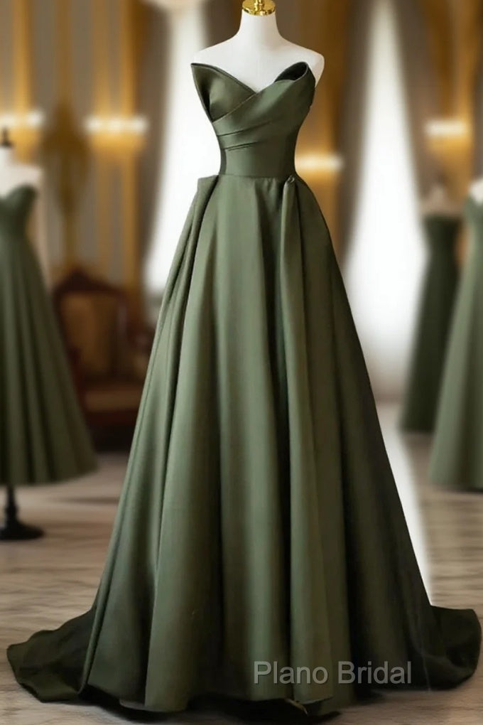 Dark Green V-Neckline Satin Long Formal Prom Dresses, Dark Green Party Dresses Main image