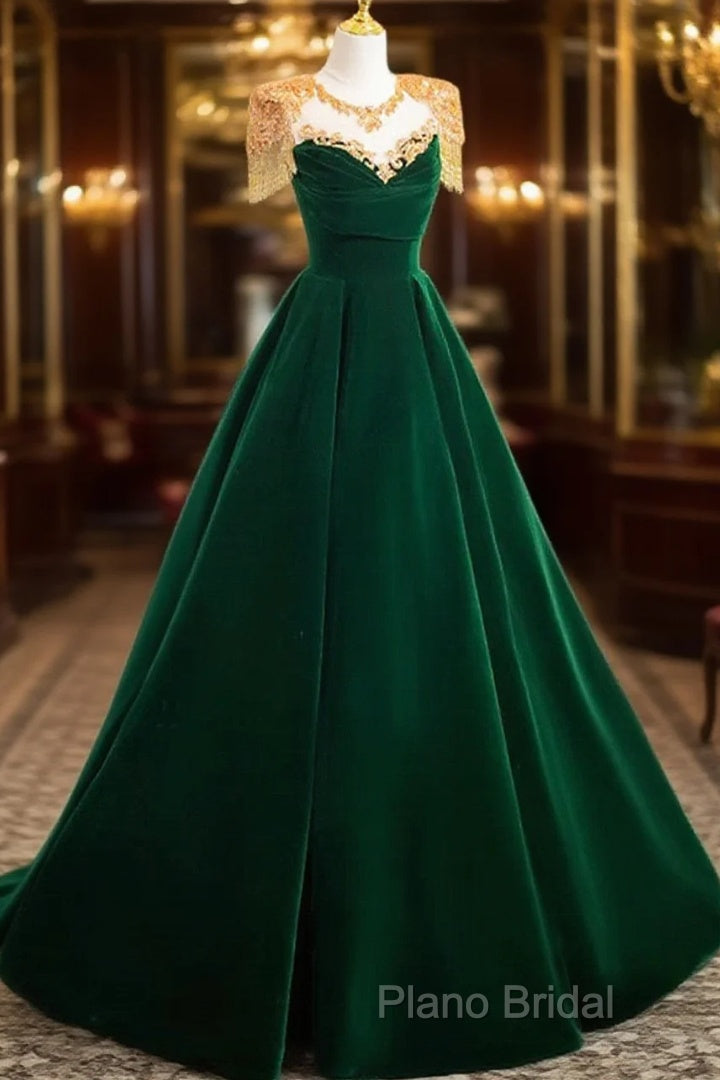 Dark Green Velvet A-Line Long Formal Prom Dresses, Dark Green Formal Party Dresses