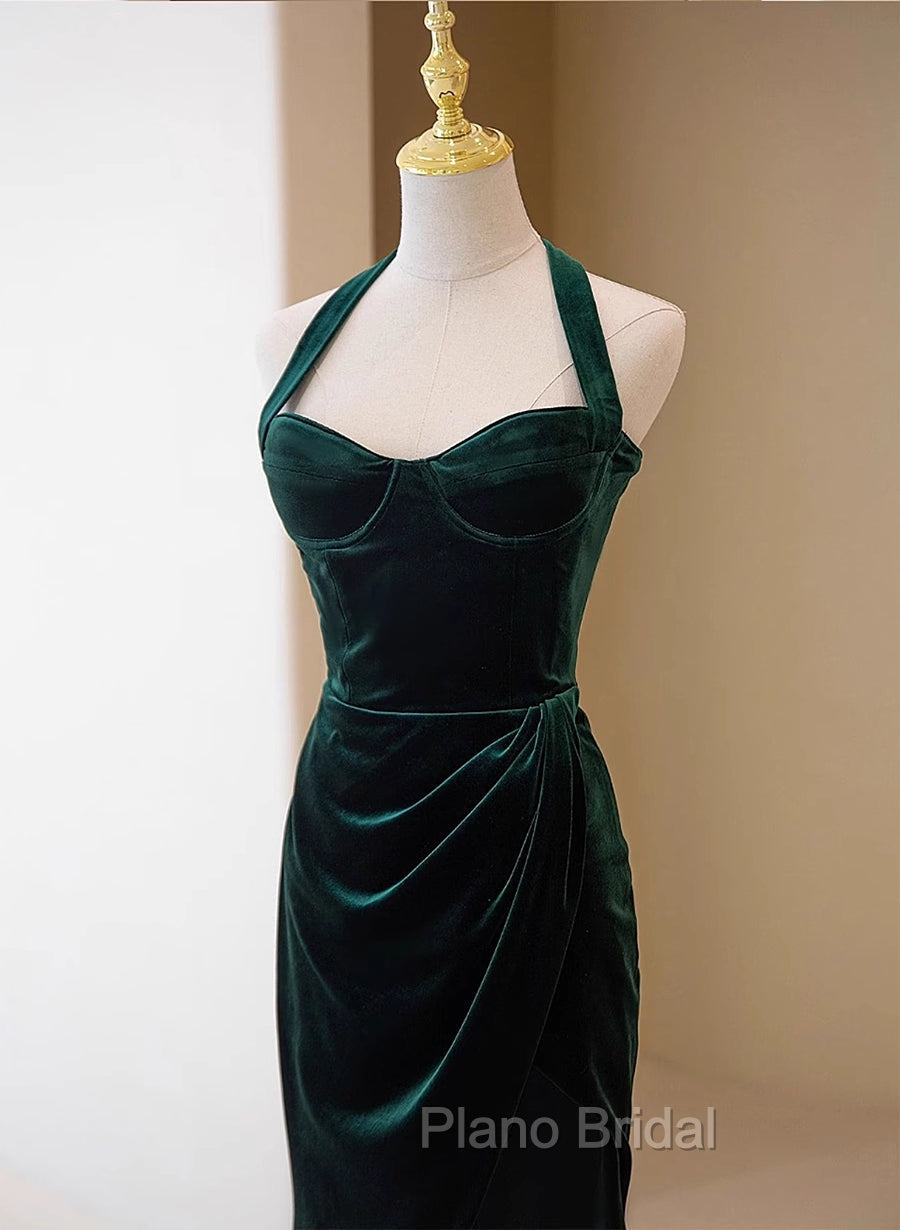 Dark Green Velvet Long Evening Dresses Party Dresses, A-line Green Bridesmaid Dresses