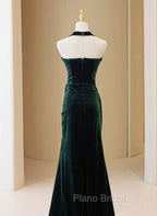 Dark Green Velvet Long Evening Dresses Party Dresses, A-line Green Bridesmaid Dresses