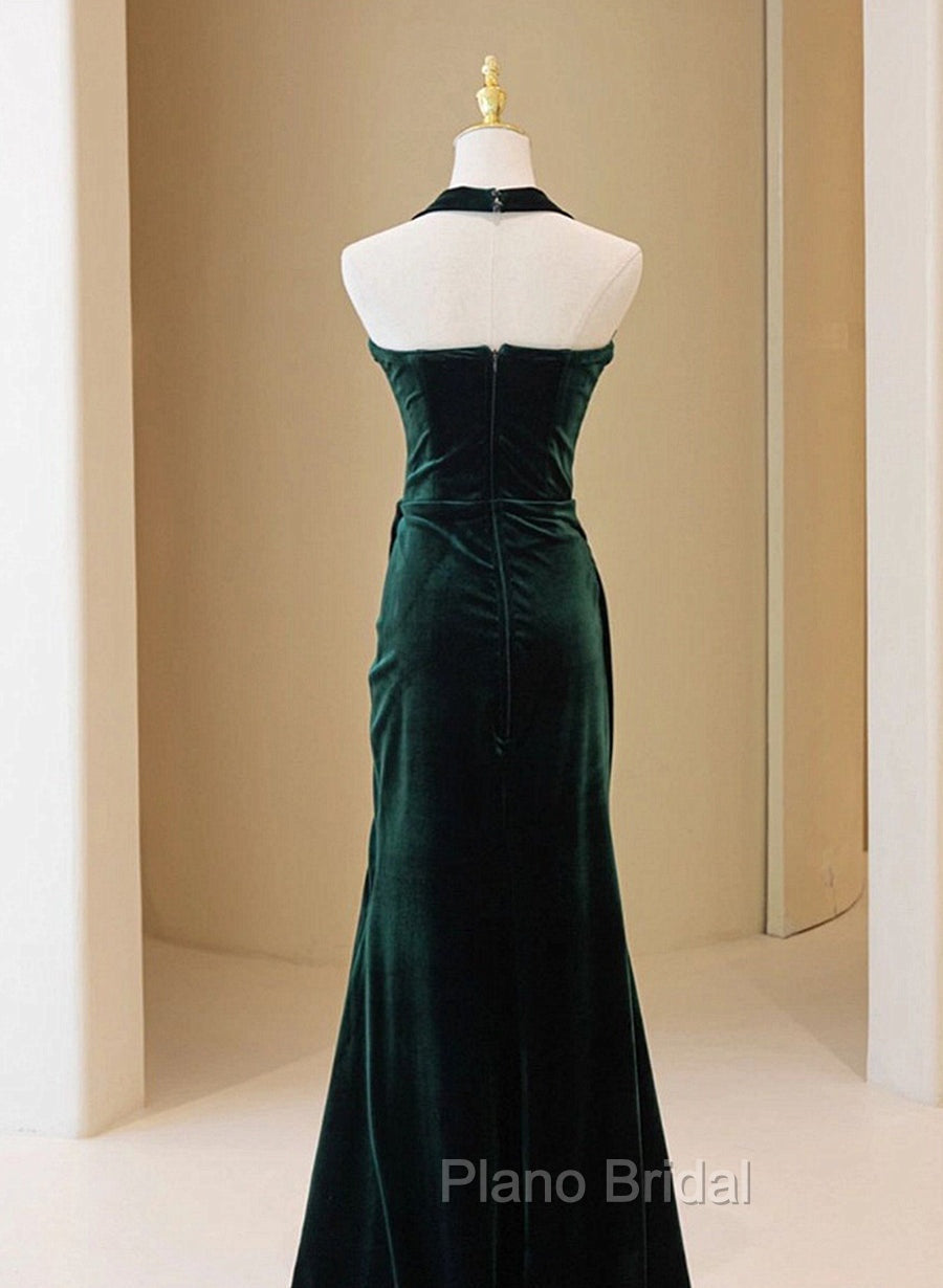 Dark Green Velvet Long Evening Dresses Party Dresses, A-line Green Bridesmaid Dresses