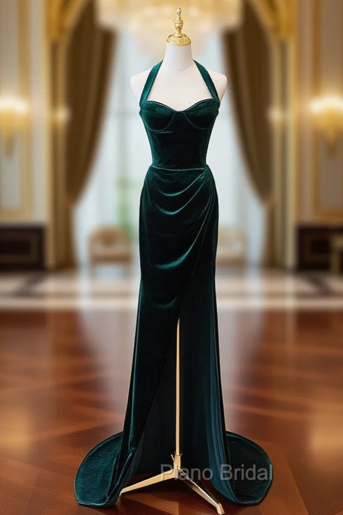 Dark Green Velvet Long Evening Dresses Party Dresses, A-line Green Bridesmaid Dresses Main image
