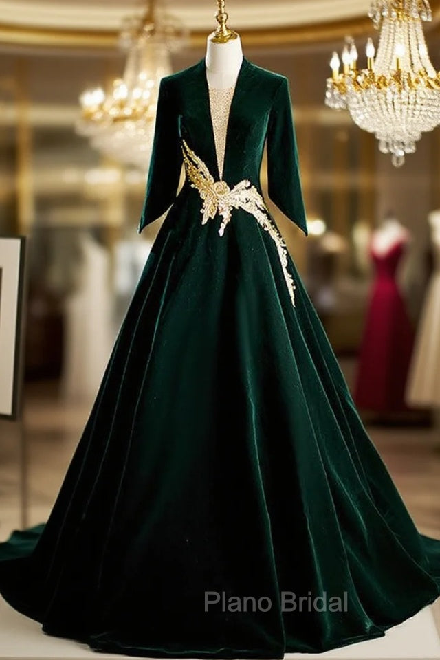 Dark Green Velvet Long Sleeve Appliques Formal Prom Dresses
