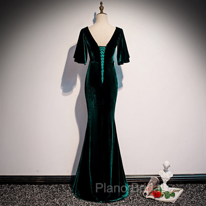 Dark Green Velvet Mermaid Slit V-neckline Formal Dresses Party Dresses, Long Evening Dresses