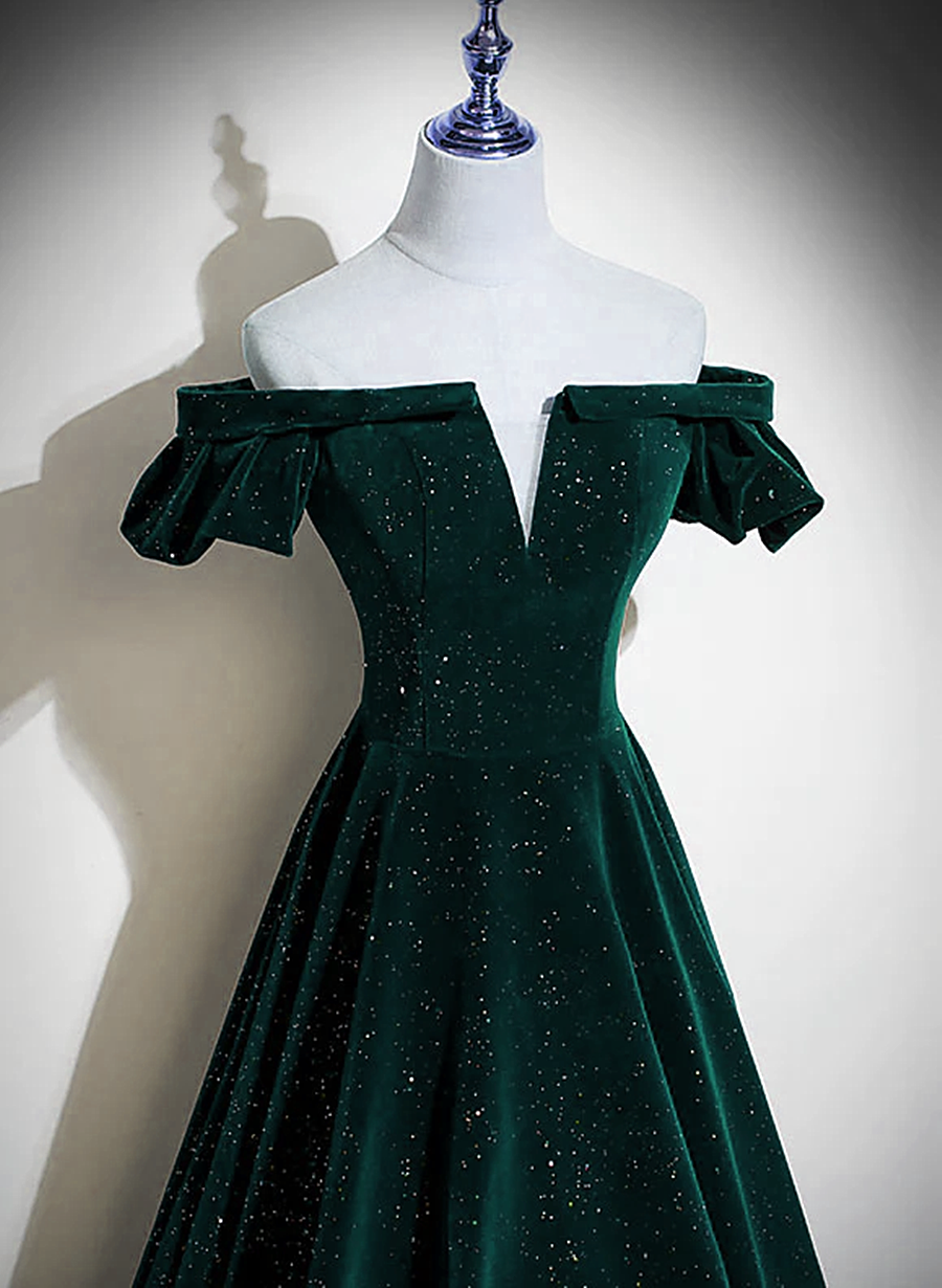 Dark Green Velvet Off Shoulder Long Party Dresses, Green A-Line Formal Prom Dresses