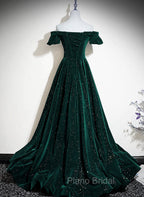 Dark Green Velvet Off Shoulder Long Party Dresses, Green A-line Formal Prom Dresses