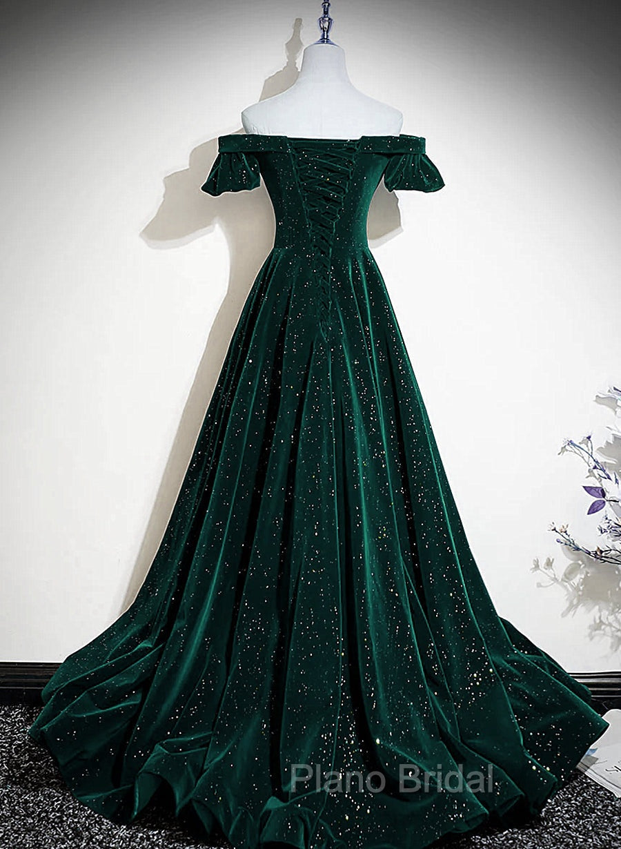 Dark Green Velvet Off Shoulder Long Party Dresses, Green A-line Formal Prom Dresses