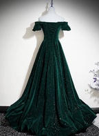 Dark Green Velvet Off Shoulder Long Party Dresses, Green A-Line Formal Prom Dresses