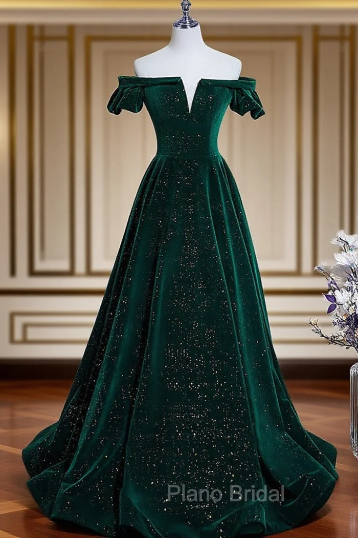 Dark Green Velvet Off Shoulder Long Party Dresses, Green A-line Formal Prom Dresses
