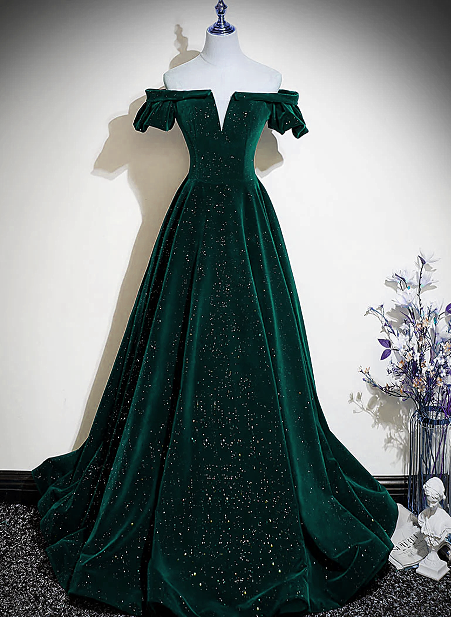 Dark Green Velvet Off Shoulder Long Party Dresses, Green A-Line Formal Prom Dresses Main image