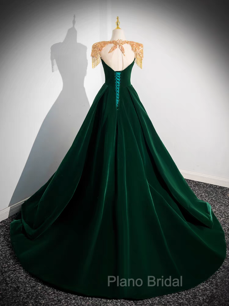 Dark Green Velvet Formal Prom Dresses Vintage Gold Beaded Neckline Evening Gown